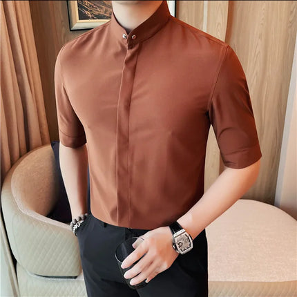 Summer New Standing Collar Half Sleeve Shirts For Men Invisible Button Up Design Slim Casual Business Social Shirt Club Outfits