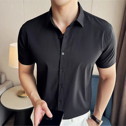 High Quality Ice Silk Elastic Jacquard Shirts 2024 Summer New Men Casual Short Sleeved Slim Fit Business Versatile Shirt 4XL-M