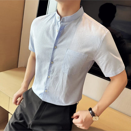 Summer New Chinese Style Linen Cotton Shirts Men's Standing Collar Short Sleeved Thin Breathable Shirt Tops Streetwear 4XL-M
