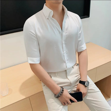 Summer New Powder Shiny Shirts Fashion Men's V-neck Half Sleeve Slim Fit Casual Shirts Social Personality  Top Club Outfits