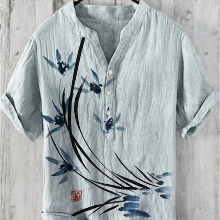 New style simple flower V-neck short-sleeved shirt foreign trade fashion casual loose T-shirt shirt bamboo linen shirt top