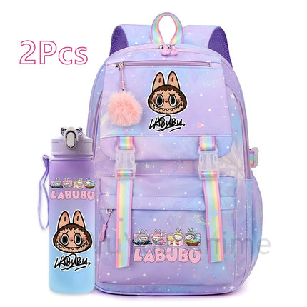 2Pcs/set Cute Cartoon Backpack with 750Ml Outdoor Sports Water Bottle Student Girl Boy Schoolbag Large Capacity Travel Bag Gift