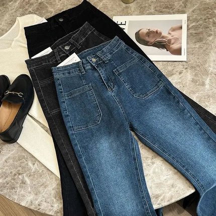 ZMZBCH High Waist Trousers Loose Washed Jeans Pockets Slim Denim Flare Classic Women Vintage Stretch Straight Trousers All-match