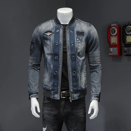 Autumn European Standneck Patch Pilot Blue Denim Jacket Men's Denim Jacket Slim Fit Motorcycle Casual Jacket