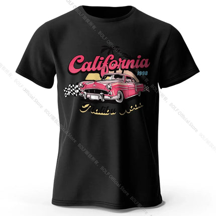 Pink Vintage Car T-Shirt 100% Cotton Retro Vacation Graphic Tee for Women and Girls Summer Holiday Style