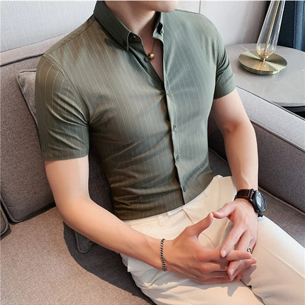 High Quality Pinstripe Casual Shirts  For Men 2024 Summer Slim Fit Business Social Elastic Social Party Shirt Plus Size 4XL-M