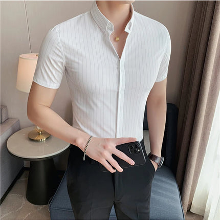 High Quality Pinstripe Casual Shirts  For Men 2024 Summer Slim Fit Business Social Elastic Social Party Shirt Plus Size 4XL-M