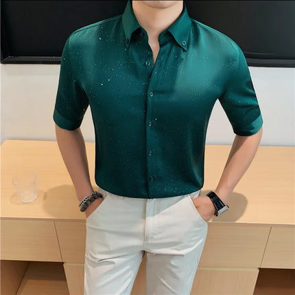 Summer New Powder Shiny Shirts Fashion Men's V-neck Half Sleeve Slim Fit Casual Shirts Social Personality  Top Club Outfits