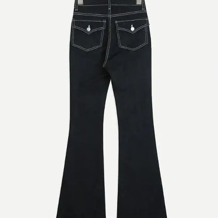 SHIAJIA Black Stretch Flare Jeans Women Pocket Streetwear Korean Chic Elastic Denim Pants Female Full Length High Waisted Jeans