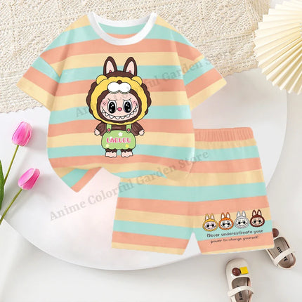 2pcs Labubu T-shirts Shorts Set for Children Pop Mart Fashion Striped Short Sleeved Shorts Suit Boys Girls Summer Clothes Suits