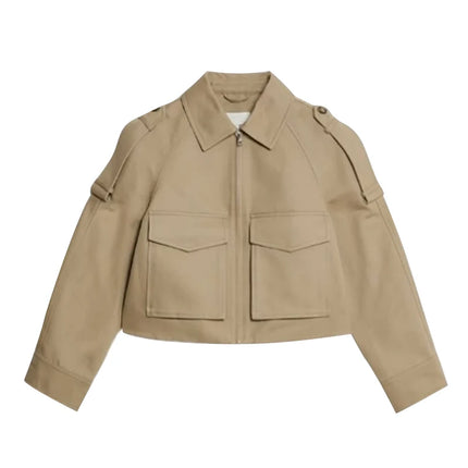 Vintage Women's Short Jacket Pockets Zipper Full Sleeve Khaki Green Thick Coats 2025 Spring Autumn Lady Loose Street Outwear