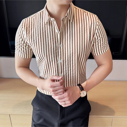 2025 Summer Fashion Vertical Striped Shirts Luxury Men's Short Sleeved Slim Fit Casual Pleated Business Shirt Men Clothing 4XL-M