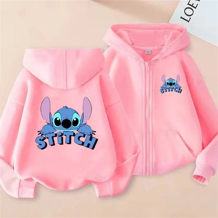 New Stitch Zipper Hoodies Girls Pink Sweatshirt Autumn Winter Long Sleeve Harajuku Pullovers Disney Stich Casual Hooded Tops