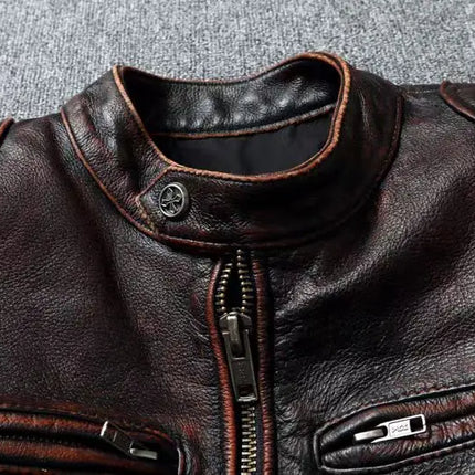 Vintage Black Brown Real Cowhide Genuine Leather Jacket Real Fur Men's Leather Jacket Bomber Men Leather Jacket Motorcycle Coat