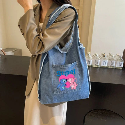 Disney Stitch Fashion Retro Denim Bag Women Anime High-capacity Shoulder Bag Female Students Commute Handbag Popular Tote-bag