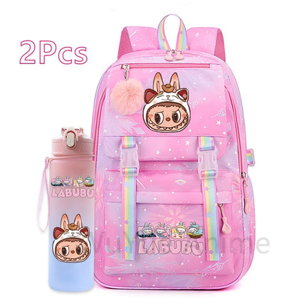 2Pcs/set Cute Cartoon Backpack with 750Ml Outdoor Sports Water Bottle Student Girl Boy Schoolbag Large Capacity Travel Bag Gift