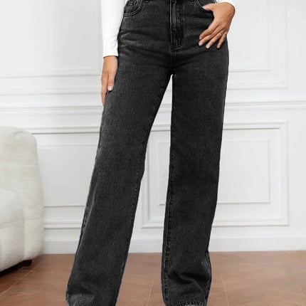 Women Jeans Straight Pants Denim Washing High Waist Loose Fit Pockets Basics Ankle Length Pants Solid Color Slight Strech