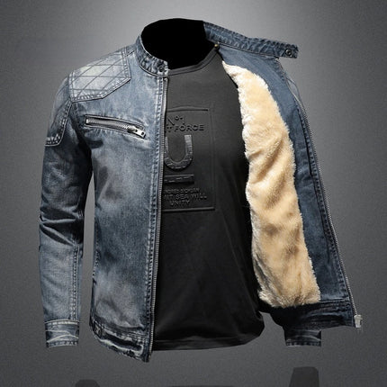 2023 Denim Jacket Men's Denim Jacket Mock Neck Zipper Slim Fit Blue Denim Jacket