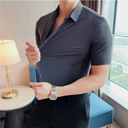 6 Colors Summer Ice Silk No Trace High Elasticity Shirt Men High Quality Short Sleeve Slim Fit Casual Business Dress Shirt 4XL-M