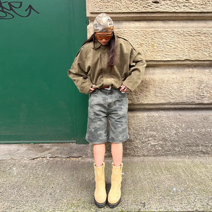 Vintage Women's Short Jacket Pockets Zipper Full Sleeve Khaki Green Thick Coats 2025 Spring Autumn Lady Loose Street Outwear