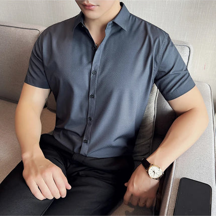 High Quality Ice Silk Elastic Jacquard Shirts 2024 Summer New Men Casual Short Sleeved Slim Fit Business Versatile Shirt 4XL-M
