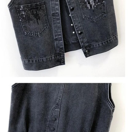 2024 Fashion Design Sequins Denim Vest Summer Autumn Women's Waistcoat Korean Leeveless Denim Jeans Jacket Female Vest Tops