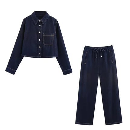 Spring Women's Suit Short Denim Shirt Jacket High Waist Department With Wide Leg Pants 2025 Casual Jacket Jeans 2-piece Set