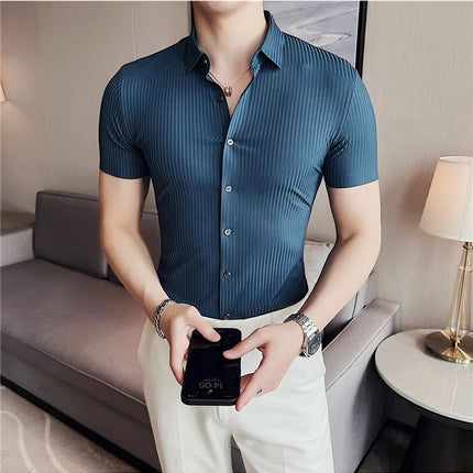 2024 Summer High Elasticity Seamless Short Sleeve Shirts Fashion Stripes Men Business Formal Wear Slim Fit Casual Dress Shirt