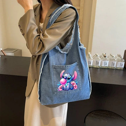 Disney Stitch Fashion Retro Denim Bag Women Anime High-capacity Shoulder Bag Female Students Commute Handbag Popular Tote-bag