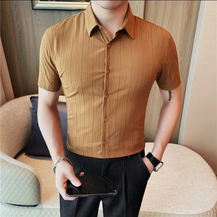 Plus Size 4XL-M Luxury Summer Fashion Striped Shirts Men's Short Sleeved Slim Fit Casual Business Shirt 2024 New Club Outfits