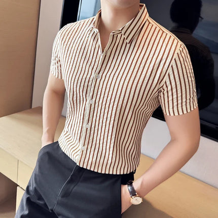 2025 Summer Fashion Vertical Striped Shirts Luxury Men's Short Sleeved Slim Fit Casual Pleated Business Shirt Men Clothing 4XL-M