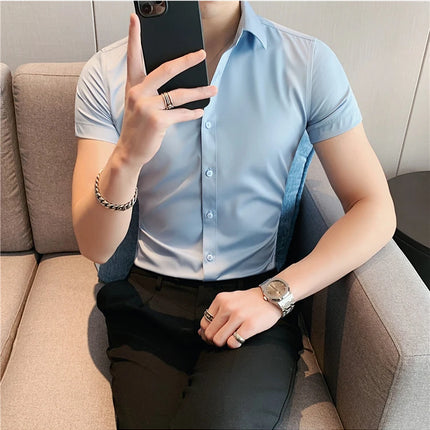 New Summer Men's Short Sleeve Shirt Fashion Business Slim Solid Color Shirt Formal Social Party Casual Dress Men's Clothing 7XL