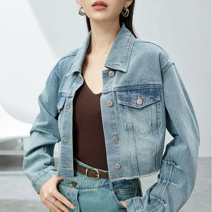 SENTUBILA 100% Cotton Washed Denim Jackets for Women 2025 Spring Casual Loose Turn Down Collar Fashion Short Jacket W41W54341
