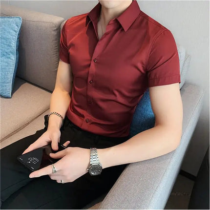 Summer Men Fashion Casual Short Sleeve Solid Shirt Super Slim Fit Male Social Business Dress Shirt Brand Men Casual Dress Blouse
