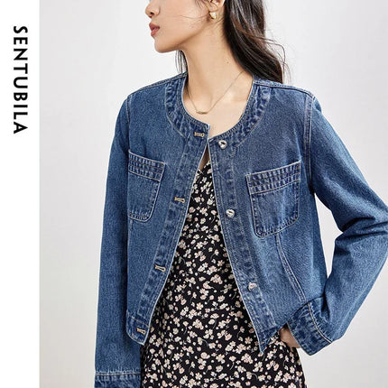 SENTUBILA Pure Cotton Denim Jacket Women 2025 Spring Autumn Outerwear Round Neck Pockets Cropped Jeans Coat Womans W41W53402