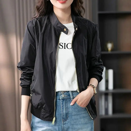 Baseball Aviator Coat Woman Zip-up Black Spring Autumn Plain Bomber Jacket for Women 2025 Trend Fashion High Quality Long Sleeve