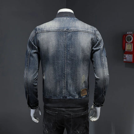 Autumn European Standneck Patch Pilot Blue Denim Jacket Men's Denim Jacket Slim Fit Motorcycle Casual Jacket