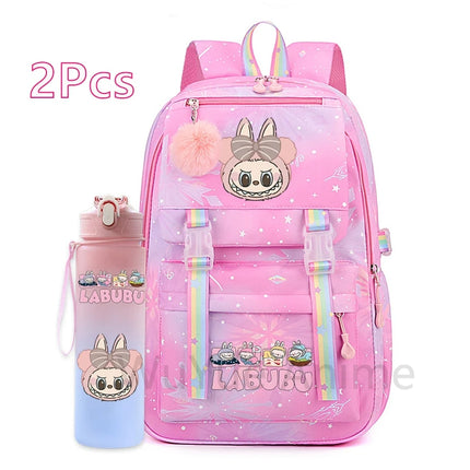 2Pcs/set Cute Cartoon Backpack with 750Ml Outdoor Sports Water Bottle Student Girl Boy Schoolbag Large Capacity Travel Bag Gift