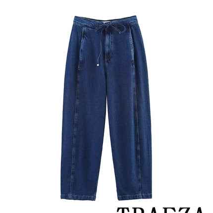 TRAFZA Vintage Casual Chic Women Cowboy Suit Zipper Loose Jackets Long Pockets Pants Fashion 2025 Spring Summer Denim Suits