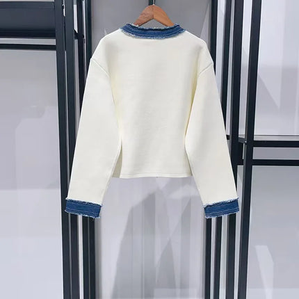 2025 Women's contrast denim patchwork knit jacket pocket o collar single breasted long sleeve women's short white coat 25A084