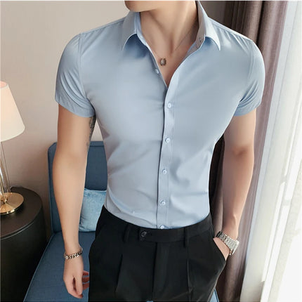 Summer Men Fashion Casual Short Sleeve Solid Shirt Super Slim Fit Male Social Business Dress Shirt Brand Men Casual Dress Blouse