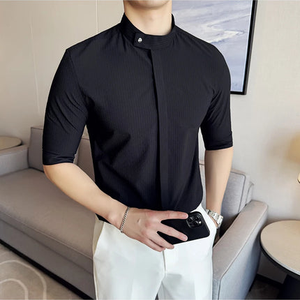 New Chinese Style Stand Up Collar Slim Fit Half Sleeved Shirts Men High Quality Striped Elegant Shirt Summer Social Party Dress