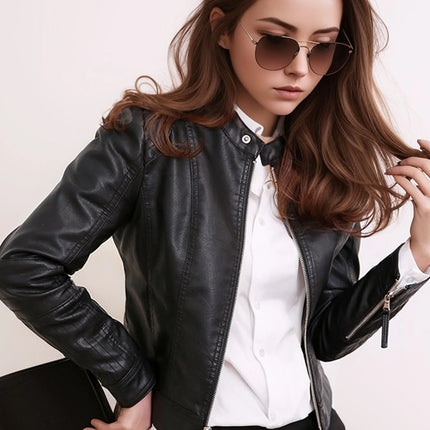 Women PU Leather Jacket Outwear Zipper Outfit Spring Autumn Fashion Short Female Bike Coat