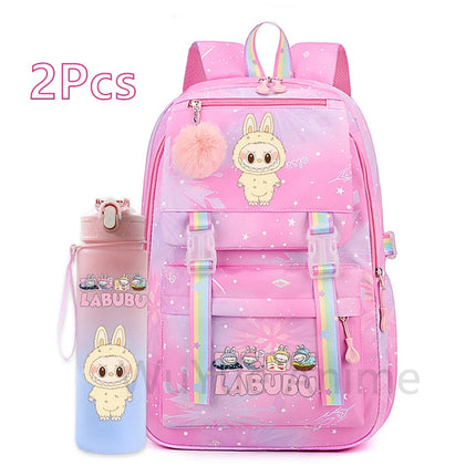 2Pcs/set Cute Cartoon Backpack with 750Ml Outdoor Sports Water Bottle Student Girl Boy Schoolbag Large Capacity Travel Bag Gift