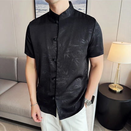 2024 Summer Chinese Style Standing Collar Shirts For Men Fashion Print Short Sleeve Slim Fit Casual Social Party Tuxedo 4XL-M