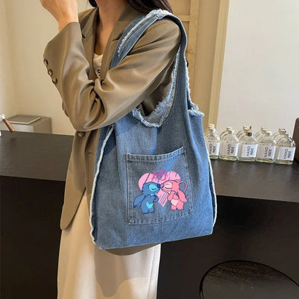 Disney Stitch Fashion Retro Denim Bag Women Anime High-capacity Shoulder Bag Female Students Commute Handbag Popular Tote-bag