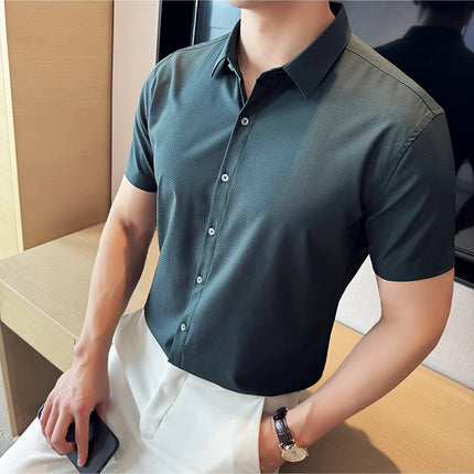 High Quality Ice Silk Elastic Jacquard Shirts 2024 Summer New Men Casual Short Sleeved Slim Fit Business Versatile Shirt 4XL-M