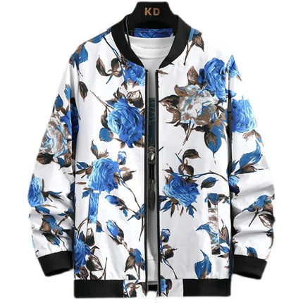 White Men's Embroidered Long Sleeve Jacket, Baseball Collar Casual Coat, Asian Size Black Blue Red Outerwear M-5XL