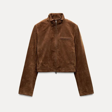 Suede Leather Short Jacket Coat Zipper Stand Collar Vintage Casual Motorcycle Jackets Baggy Front Shoulder Women Outwear Top New