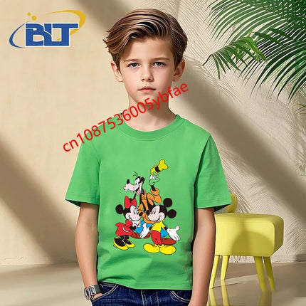 Disney Mickey Mouse and Friends print kids T-shirt pure cotton short-sleeved green top cartoon children's clothing for boys